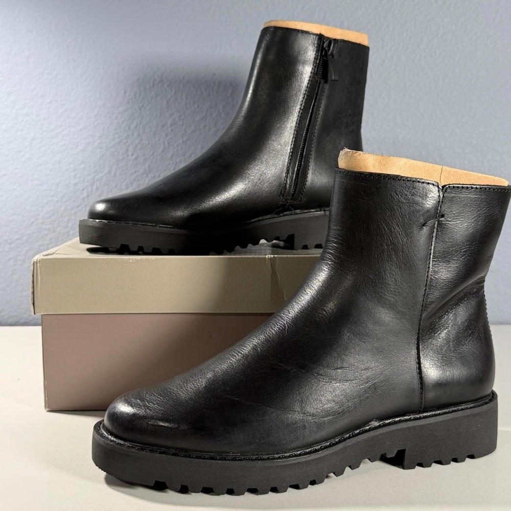 Franco Sarto Black Leather Side Zip Chunky Lug‎ Sole Ankle Boots Women's Size 5